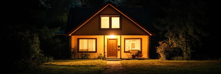 Poster - A contemporary home stands out at night with bright alarm system lights shining on its windows and doors, enhancing security. Generative AI