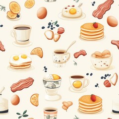 Poster - A delightful pattern showcasing an assortment of breakfast foods including pancakes, eggs, and bacon on a light background