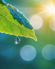 Poster - A macro view of a delicate water droplet clinging to the edge of a green leaf in early morning sunlight