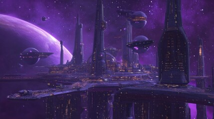Poster - A colossal city-sized space station floats in the depths of a vibrant cosmic expanse, surrounded by swirling planets and celestial bodies
