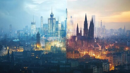 Aufkleber - Stunning city skyline blends day and night in a breathtaking urban landscape captured from a high vantage point