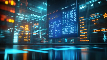 Aufkleber - Futuristic stock exchange display screen with vibrant indicators showcasing market trends and data analytics in a high-tech setting