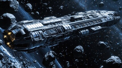 Poster - A futuristic cargo spaceship traversing an asteroid belt in deep space for interstellar transport and exploration