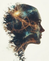 Poster - A scientist’s face intertwined with cosmic elements, illustrating the connection between science and the universe