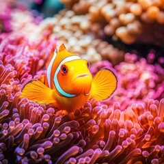 Poster - Colorful clownfish swimming among vibrant coral in a thriving underwater ecosystem during the day