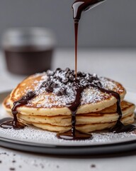 Poster - Delicious pancakes topped with chocolate drizzle and chocolate chips, served on a gray background with powdered sugar