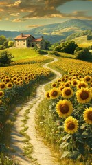 Poster - A winding path through vibrant sunflower fields leading to a rustic house under a golden sunset