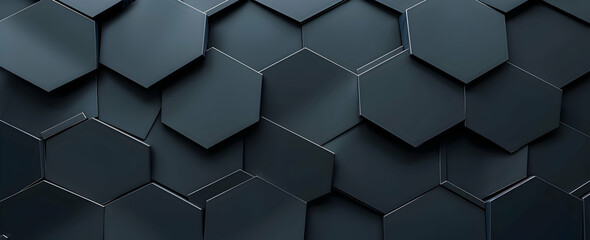 Poster - 3D render of a black hexagon pattern background. Abstract wallpaper with a dark geometric