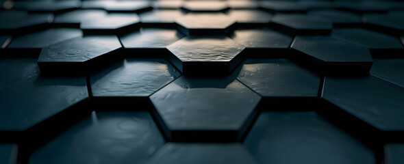 Poster - 3D render of a black hexagon pattern background. Abstract wallpaper with a dark geometric