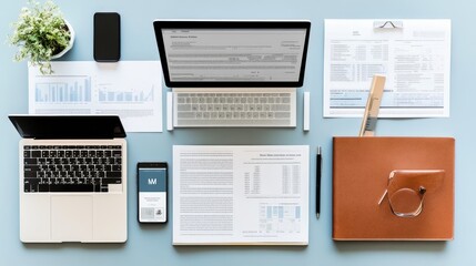 Poster - Aerial View of a Modern Workspace Featuring Laptops, Smartphone, Documents, and Office Supplies for Productivity and Organization in a Stylish Setting