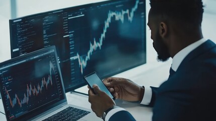 Poster - Business professional analyzing financial data on multiple screens while using smartphone for market insights and stock performance tracking in modern office environment