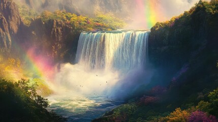 Poster - Experience the stunning beauty of Niagara Falls with vibrant rainbows and lush greenery on a sunny day