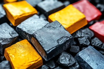 Poster - A close-up of colorful square stones against a backdrop of small black stones.