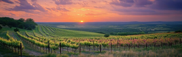 Poster - A stunning sunset over the Texas Hill Country vineyard with vibrant colors illuminating the lush green landscape and rolling hills