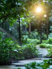 Poster - This lush smart garden features automated sprinklers and soil sensors, thriving under the warm glow of the setting sun. Generative AI