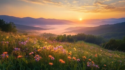 Poster - A stunning sunrise over the Blue Ridge Mountains, showcasing vibrant wildflowers and misty valleys in early morning light