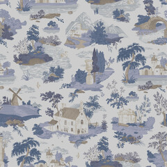 Wall Mural - Seamless pattern. Woodland. Toile inspired. Vector vintage illustration. Blue and brown. 