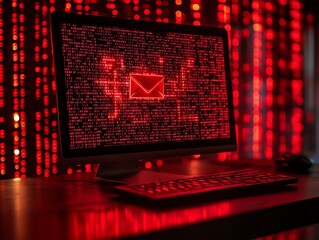 Leinwandbilder - A computer screen displaying a red envelope icon with code on the screen in a red light backdrop.