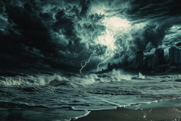 Poster - Dark clouds converge over the coastal city, with lightning illuminating the stormy sea as waves crash against the shore at dusk. Generative AI
