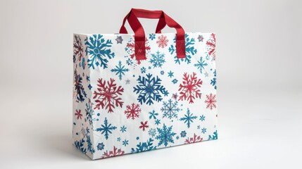 Wall Mural - A holiday-themed gift bag with snowflake patterns, isolated on white