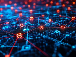 Poster - A digital network of red lines connecting icons representing various internet services against a dark blue background.