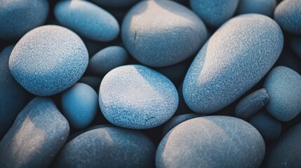 Poster - A collection of smooth blue pebbles arranged together, showcasing unique textures and colors under soft natural light