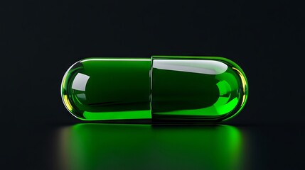 A green pill on a black surface with a reflection