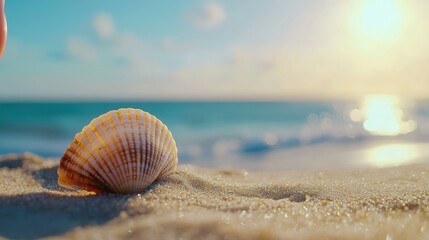 Canvas Print - colorful seashell resting on sandy beach with gentle waves in background.