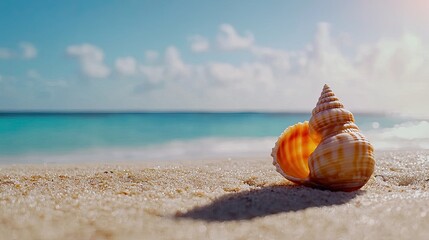 Wall Mural - shells on sandy beach with gentle waves and clear blue sky in the background.