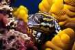 © Putt_Sanplee - A banded sea snake curiously poking its head out from a crevice in a reef, with its vivid black and yellow bands contrasting against the soft hues of the corals