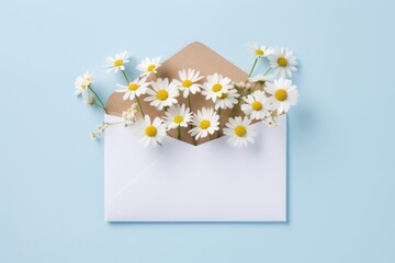 Wall Mural - A delightful arrangement showcasing spring chamomile flowers within a cheerful blue envelope, positioned on a gentle pastel blue background. 