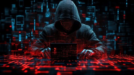 Poster - A hooded figure sits at a glowing computer, their face obscured by shadow, representing the anonymity and danger of hackers in the digital world.