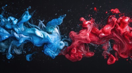 Aufkleber - A striking visual of blue and red acrylic pigments dispersing in water, creating captivating shapes and forms. The rich colors intertwine gracefully, resembling an ink blot