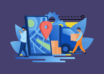 Poster - Delivery man and recipient who leaning on smartphone with pin. Door to door delivery by courier flat vector illustration. Delivery service concept for banner, website design or landing web page