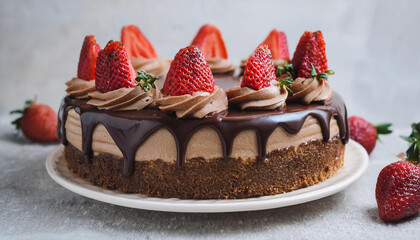 Wall Mural - Cake topped with chocolate and strawberry. Tasty dessert. Sweet food. Cooking and culinary concept