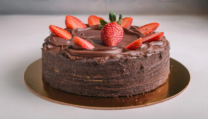 Wall Mural - Cake topped with chocolate and strawberry. Tasty dessert. Sweet food. Cooking and culinary concept