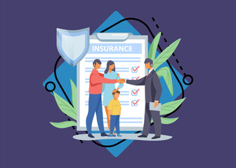 Poster - Father shaking hands with insurance agent. Family life insurance flat vector illustration. Insurance concept for banner, website design or landing web page