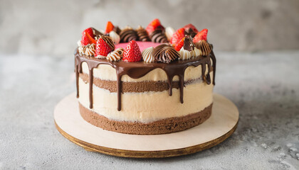 Wall Mural - Cake topped with chocolate and strawberry. Tasty dessert. Sweet food. Cooking and culinary concept