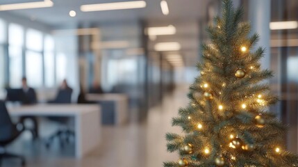 Poster - A Christmas tree with gold ornaments is in a room with people working