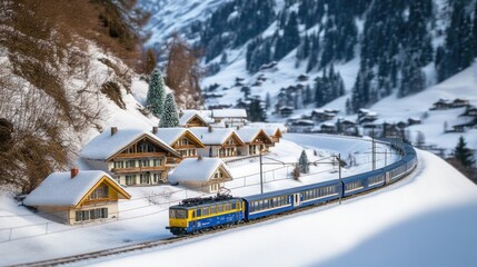 Wall Mural - A scenic winter landscape with a train passing through snow-covered mountains and cozy houses.