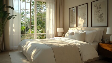 Poster - A minimalist bedroom with a large window overlooking a lush green garden. The bed is made with white linens and there are two framed prints on the wall. The room is bathed in soft natural light.