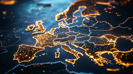 illuminated map of europe with glowing city lights in dark space background for modern geographic vi