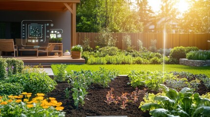 Poster - A smart garden showcases flourishing plants with active sprinklers and soil sensors, set in a serene backyard illuminated by sunset. Generative AI