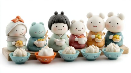 Cute figurines enjoying delicious dumplings in colorful bowls.