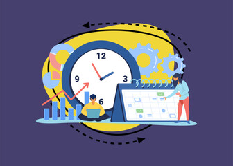 Poster - Timing and project scheduling. Managers working near calendar with marks and clock flat vector illustration. Time management, deadline concept for banner, website design or landing web page