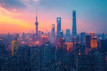 Fototapete - A panoramic cityscape with skyscrapers and a vibrant sunset sky in the background.
