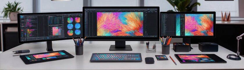 Aufkleber - Modern workstation with three monitors displaying vibrant designs.