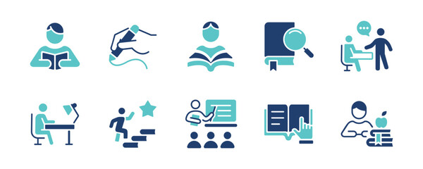 Aufkleber - student study read book icon set education people learning and reading journal book library school signs vector illustration