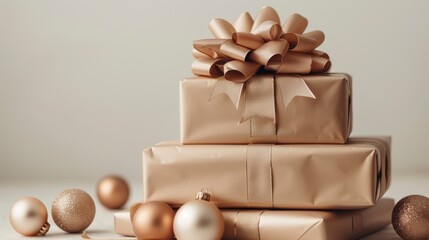 Wall Mural - A stack of wrapped Christmas gifts with bows and ribbons, isolated on a white background