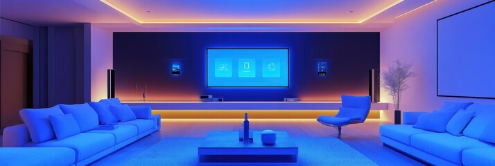 Wall Mural - A sleek modern living room features customizable ambient lighting and touchscreen panels, enhancing the cozy evening ambiance. Generative AI